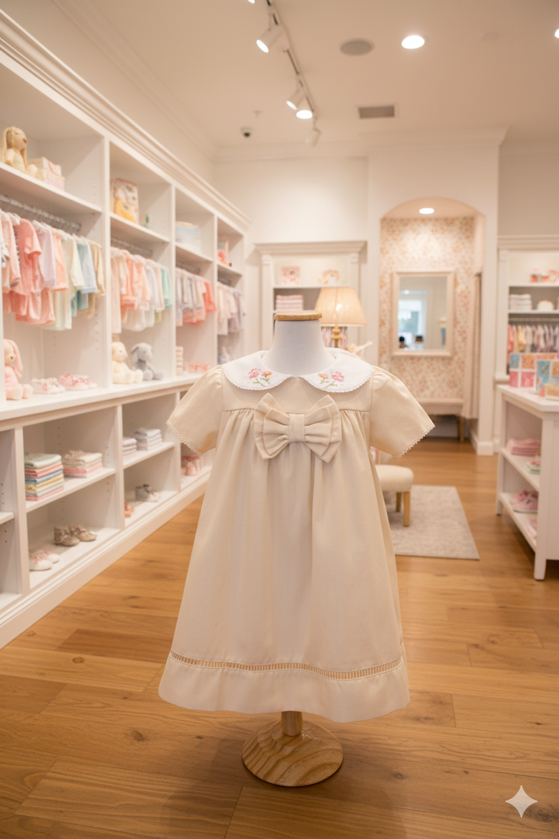 Vestido Gola Bordada Bege